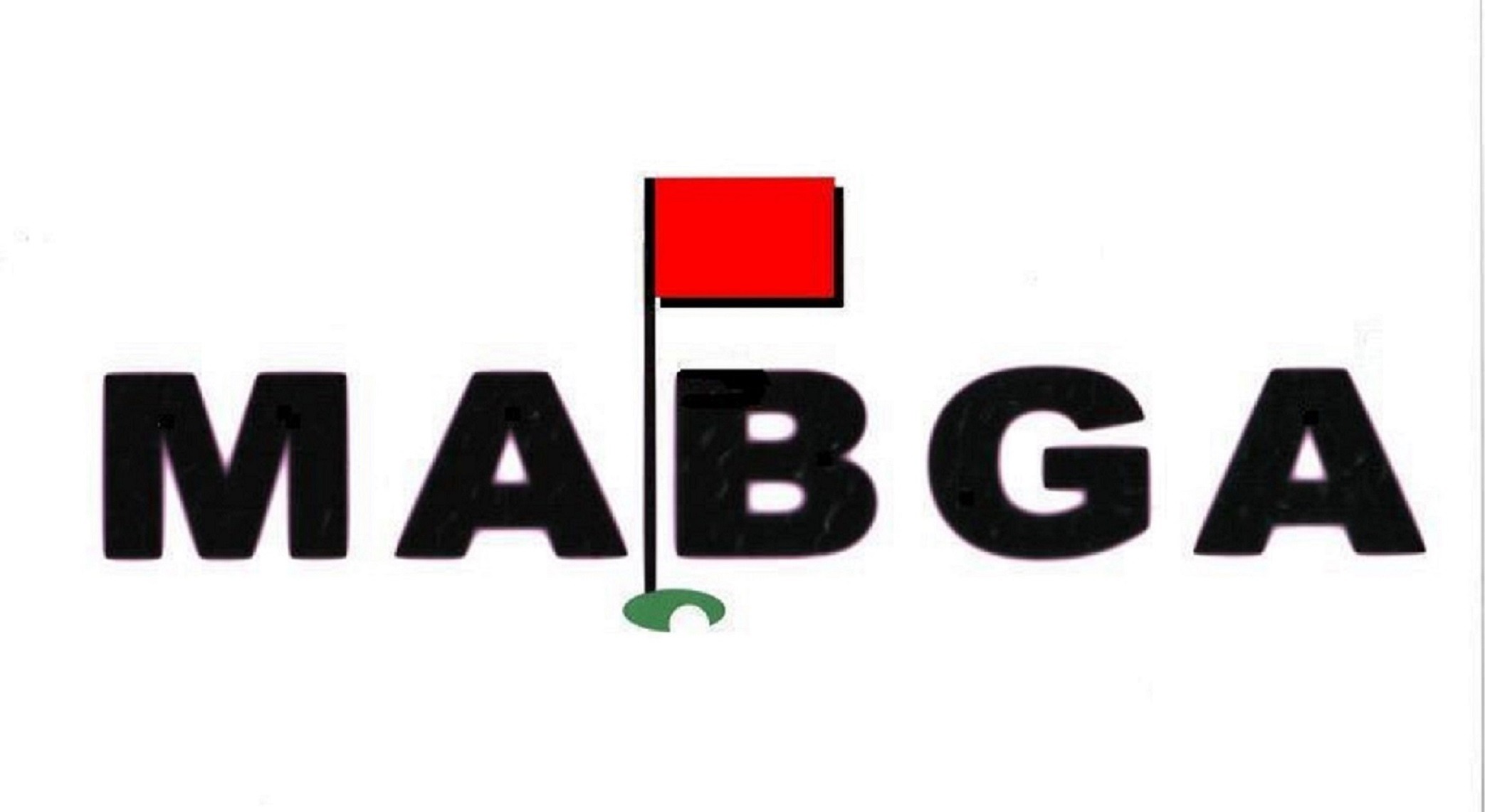 Logo image design consisting of the letters "MABGA" in bold, black capital letters. Between the letters "B" and "G," there is an image of a red flag on a pole. The flag serves as a subtle visual element within the design. Beneath the pole, there is a small green shape resembling a golf putting hole.